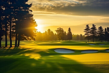 Wall Mural - Beautiful golf course at the sunset, sunrise time. , morning time.