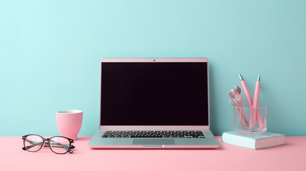 Opened laptop with business accessories, Minimal workplace for freelancer or student
