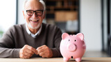 Fototapeta  - Joyful elderly man holding a pink piggybank, symbolizing financial security and the importance of savings, especially for retirement.