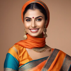 Wall Mural - Woman in Orange and Blue Saree with Gold Jewelry