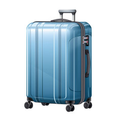 Orange, blue plastic suitcase with wheels, isolated on transparent background, 3d rendering, realistic illustration, business illustration 