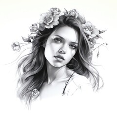 Wall Mural - Sketch for a tattoo. Pencil drawing of a beautiful girl