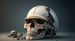 A bony skull wearing a broken construction helmet 