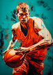 Turquoise Slam: A vibrant pop art depiction of a basketball player in dynamic motion, capturing energy and athleticism. Generated AI.