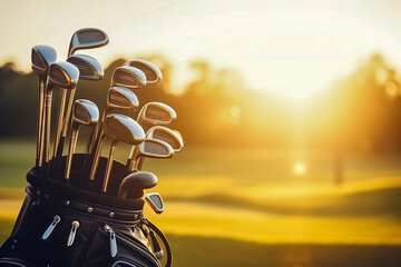 Wall Mural - Golf clubs drivers over beautiful golf course at the sunset, sunrise time.