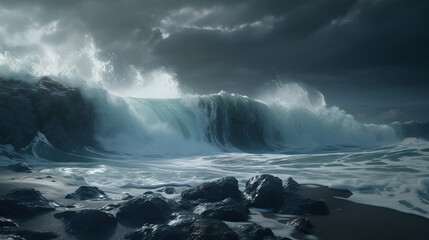  Storm at sea and ocean. Ocean waves. Big waves. Rocks