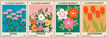 Set Of Abstract Flower Market Posters. Trendy Botanical Wall Arts With Floral Design In Bright Colors. Modern Naive  Funky Interior Decorations. Vector Art Illustration