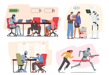Poster - Robot Versus Human In Office Set. Futuristic Cyborg Clashes With People Workers, Symbolizing Integration Of Ai