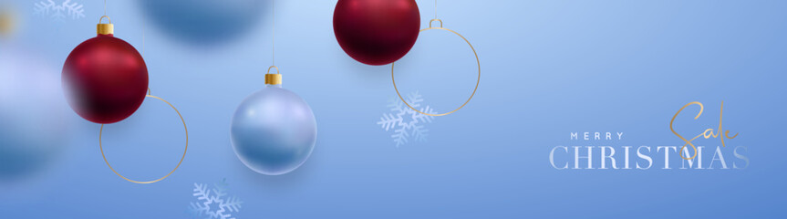 Sticker - Christmas Sale banner with realistic blue and red balls and golden metallic decorative circles. Horizontal Christmas banner, headers, sites.