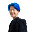 Portrait of a man with bright colored flying hair, all shades of blue. Hair coloring.Hair fluttering in the wind. Teen age with short hair. Professional coloring.