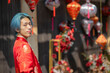 Asian man in traditional oriental costume. Chinese New Year celebration in 1th district of city