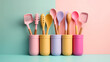 © hassanmim2021 - Vertical view of wooden kitchen spoons in a plastic coffee pot on dark wall