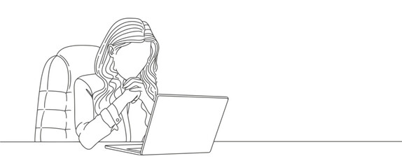 person in the office. Line art woman writing and study with help laptop.line art drawing of a woman. Business concept. Beautiful woman sits on the floor and holding laptop