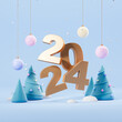 Golden text 2024 with christmas tree and balls on a blue background. Happy New Year and Merry Christmas. Greeting card. 3d rendering