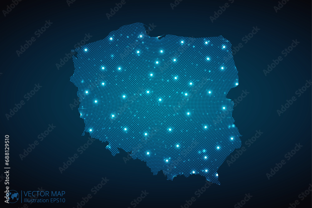 Poland map radial dotted pattern in futuristic style, design blue ...