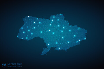 Ukraine map radial dotted pattern in futuristic style, design blue circle glowing outline made of stars. concept of communication on dark blue background. Vector illustration EPS10