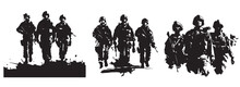 Group Of Soldiers In Full Uniform And Machine Guns, Military Silhouettes, Black And White Vector Decorative Graphics