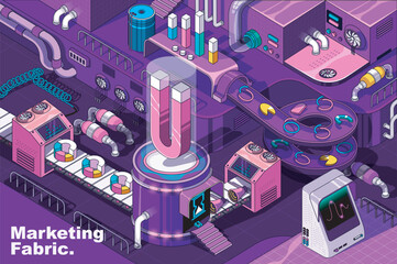 Aufkleber - Marketing web concept in 3d isometric design. Business analytics, seo service, online promotion strategy. Abstract fabric production line in isometry graphic for corporate poster. Vector illustration.