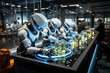Robots serving drinks at a futuristic bar with advanced technology and artificial intelligence in a sleek modern environment.