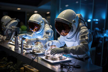 Astronauts In Space Suits Conducting Botanical Experiments In A High-tech Space Laboratory.