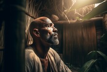 Bald Man Jungle. Lone Wanderer Rests Abandoned Amazon Sheltering Sun. Generate AI