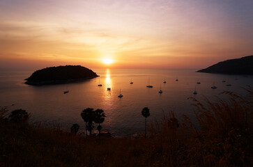 Sticker - Beautiful sunset on Phuket bay with yachts in the lagoon.