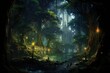 Fantasy landscape with magical forest and river, digital illustration of fantasy medieval environment landscape, concept of an ancient ruin city, Enchanting green fantasy forest