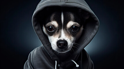 Portrait of cute dog in hoodie. Hoodie adds playfulness and comfort. Concept of animal, fashion, dog's clothing, fun, humor, care, style. Winter special clothing for dogs. Copy space.