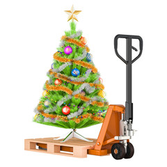 Poster - Pallet truck with Christmas tree. Gift delivery concept, 3D rendering isolated on transparent background