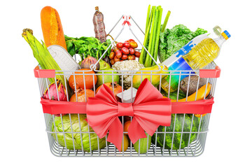 Poster - Shopping basket with red bow and ribbon full of grocery products, fruits and vegetables. 3D rendering isolated on transparent background