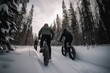 Bikes snowy forest adventure. Outdoors valley adventure spruce tree. Generate Ai