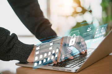 Fototapete - Data protection using cybersecurity and privacy concepts. The user is inputting personal password and username to protect private information data. encryption with a padlock icon