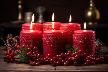 Poster - Christmas red candles with flame, close up