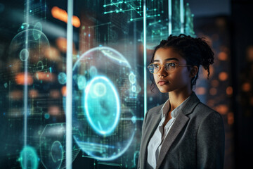 a young female business woman analyzes complicated data on a futuristic holographic display