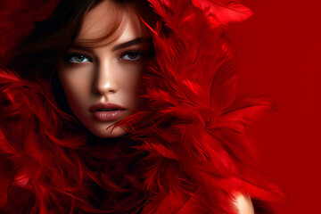 Wall Mural - Fashion editorial Concept. Closeup portrait of stunning pretty woman with chiseled features, surround in maroon red soft feathers boa. illuminated dynamic composition dramatic lighting. copy space	
