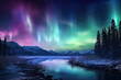 Beautiful Aurora Northern or Southern lights in starry night sky. Aurora borealis over the sky at islands. Night winter landscape with colorful scene, sea with sky reflection.