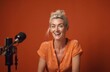 © nsit0108 - British blonde woman happy studio. Face portrait content college online. Generate Ai