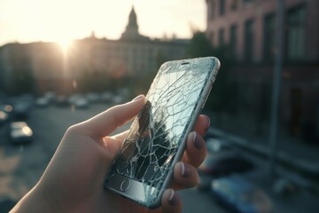 Poster - Broken phone hand city sunrise. Cellphone equipment digital touch crash. Generate Ai