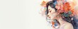 Watercolor drawing of a Oriental woman's profile and colorful, delicate flowers. Tender watercolor portrait of a woman. The concept of femininity, beauty, the awakening of nature in springtime