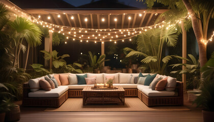 Wall Mural - A tropical-inspired outdoor patio with rattan furniture ai generation