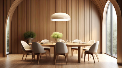 Wall Mural - Minimalist interior design of modern dining room with abstract wood paneling arched wall