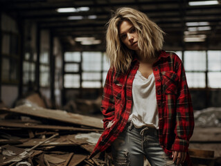 Wall Mural - 
Grunge rocker in an abandoned warehouse, flannel tied around waist, vintage band tee, disheveled hair, intense gaze