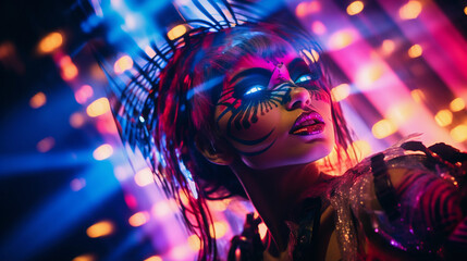 Wall Mural - rave culture ambassador, pulsating club lights, neon face paint, mesh and holographic fabrics