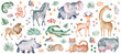 Jangle animals on isolated background. Watercolor clipart of savanna beasts and plant elements. The mammals zebra and elephant are hand drawn. Children safari design for stickers and wall decor.