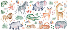 Jangle Animals On Isolated Background. Watercolor Clipart Of Savanna Beasts And Plant Elements. The Mammals Zebra And Elephant Are Hand Drawn. Children Safari Design For Stickers And Wall Decor.