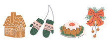 Cozy Winter Holiday Set Of Christmas Design Elements. Cute Hygge Retro Wearing, Xmas Ornament, Gifts, Candles.