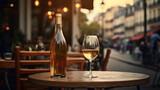 Fototapeta  - Generative AI, glass of wine and bottle on wooden table with blur background with lights of street bar, cafe, coffee shop or restaurant, wine mock up	

