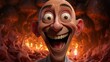 Caricature of a bald man with an exaggerated smile, open mouth and wide eyes, close-up with a creepy expression on a surreal background with torches. Can be used as a symbol, logo.