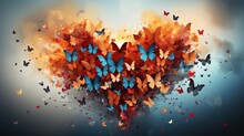 Multicolored Playful Butterflies Forming A Heart Shape On A Blurred Gray Background. A Place For Love Notes. Gradient Lighting. Valentine's Day Card. The 14th Of February