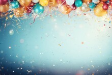 Colorful Party Background With Confetti, Balloons And Ribbons,